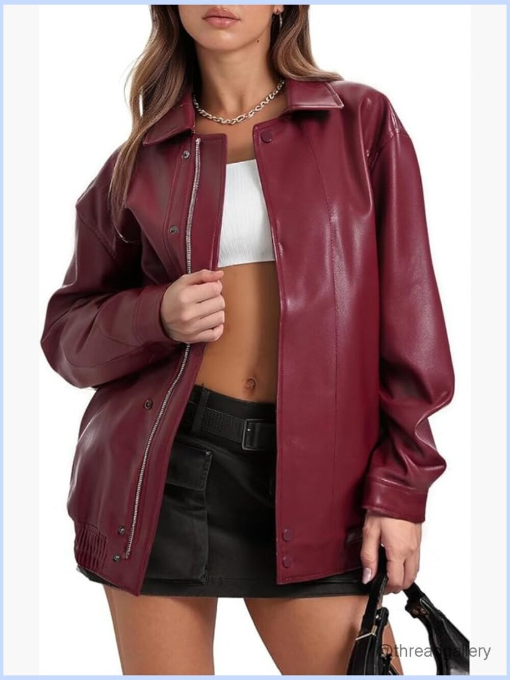 Oversized Faux Leather Motorcycle Biker Bomber Zip Up Jacket